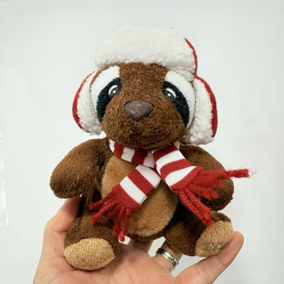 Sears Raccoon Reginald Christmas Plush Toy Winter Scarf Hat Earmuffs Sit Shelf - Picture 7 of 12